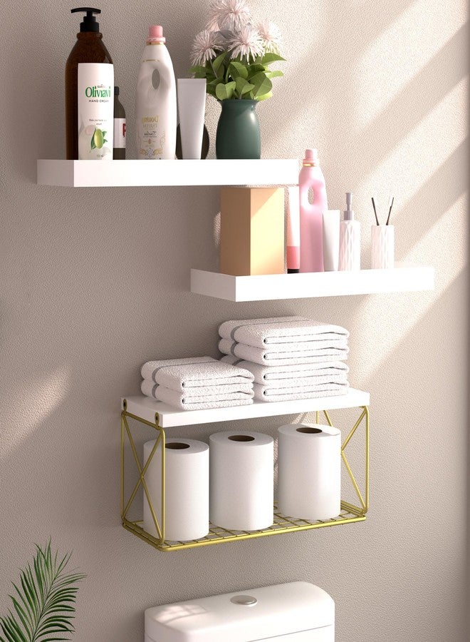 Bloddream Floating Bathroom Shelves with Wire Storage Basket, Wall Mounted Shelf Over Toilet, 3+1 Tier Wall Decor Small 15.7 Inch Set of 3(White) - Image 1